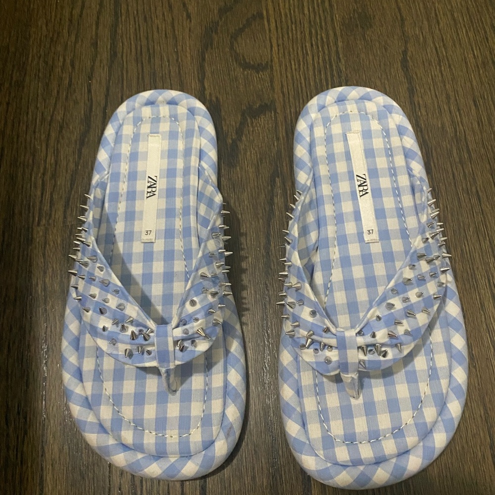 Zara gingham blue spikes slippers unworn new size EUR 37 or 7 US